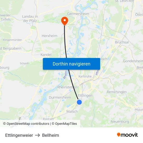 Ettlingenweier to Bellheim map