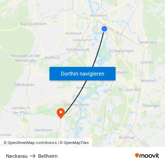 Neckarau to Bellheim map