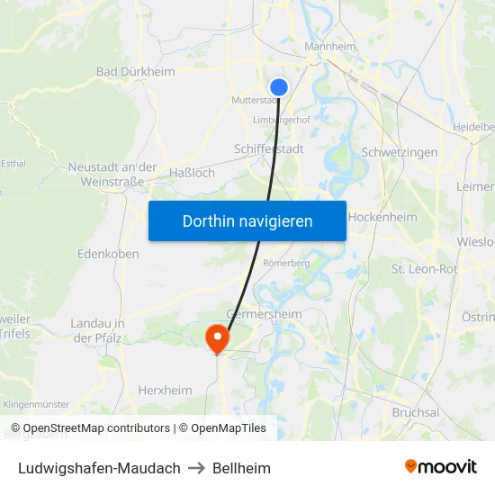 Ludwigshafen-Maudach to Bellheim map