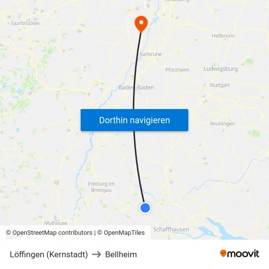 Löffingen (Kernstadt) to Bellheim map