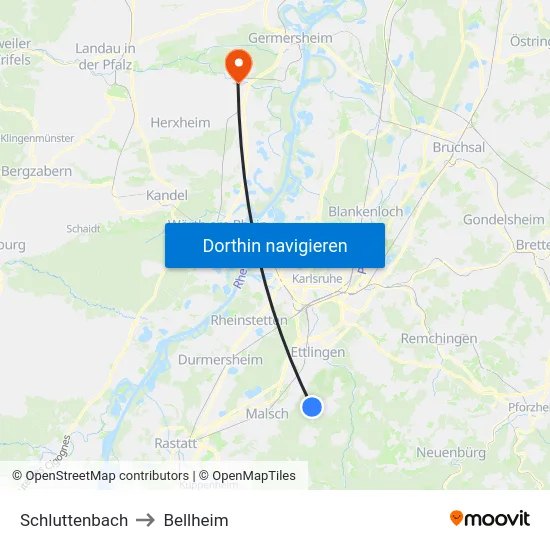 Schluttenbach to Bellheim map