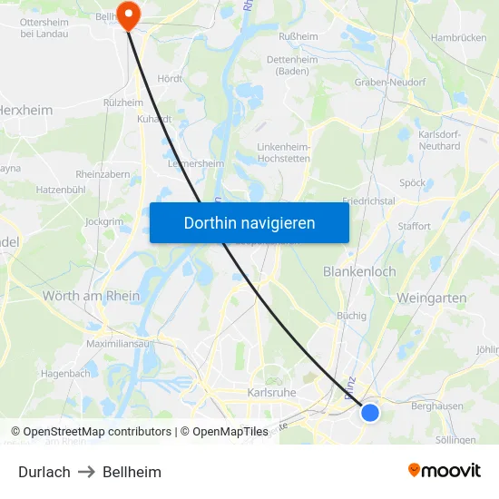 Durlach to Bellheim map
