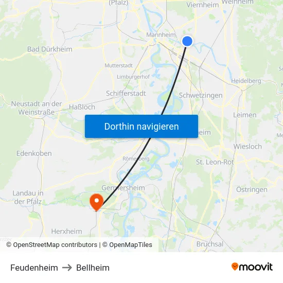 Feudenheim to Bellheim map