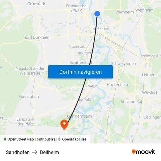 Sandhofen to Bellheim map
