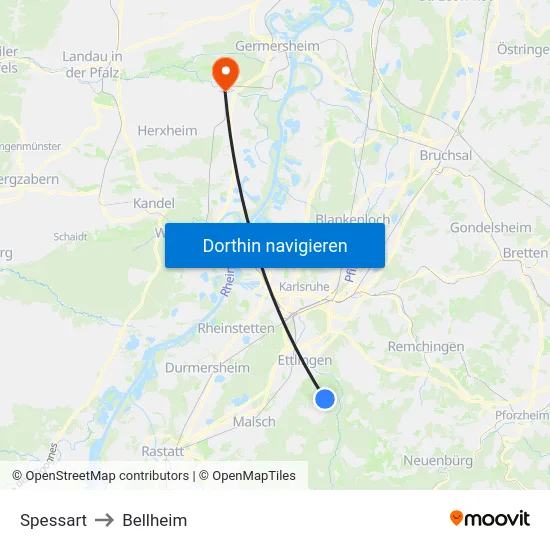 Spessart to Bellheim map