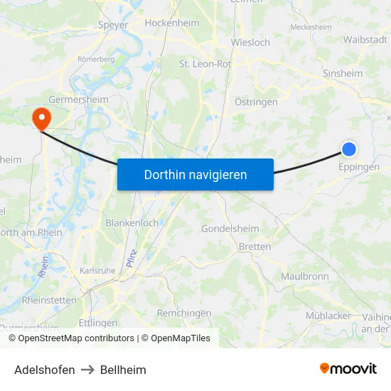 Adelshofen to Bellheim map
