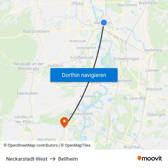 Neckarstadt-West to Bellheim map