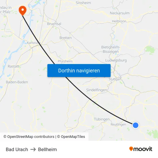 Bad Urach to Bellheim map