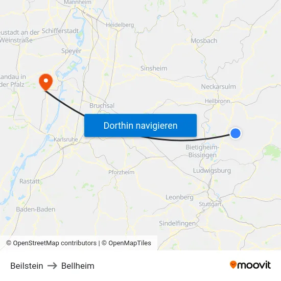 Beilstein to Bellheim map