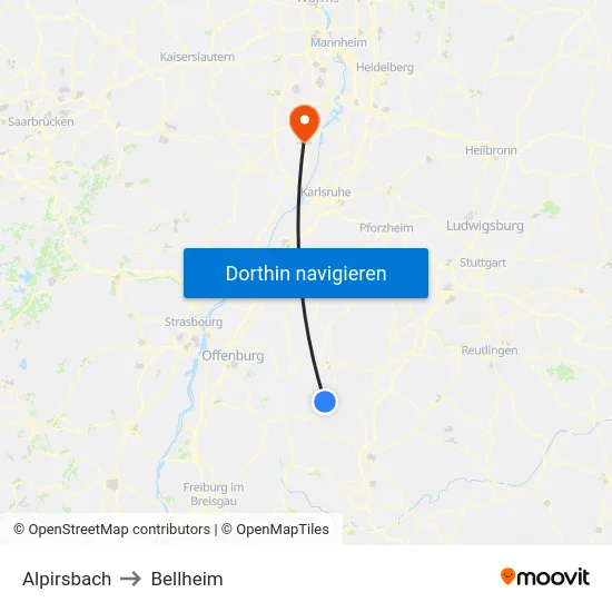 Alpirsbach to Bellheim map