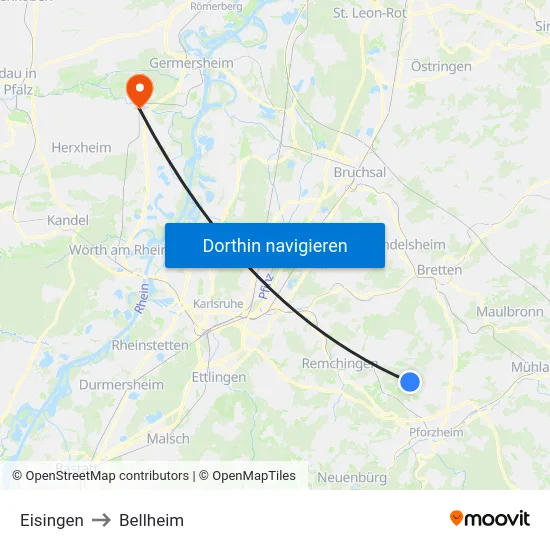 Eisingen to Bellheim map