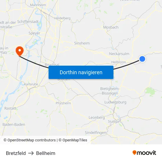 Bretzfeld to Bellheim map