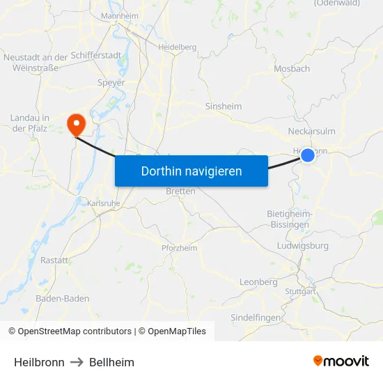 Heilbronn to Bellheim map