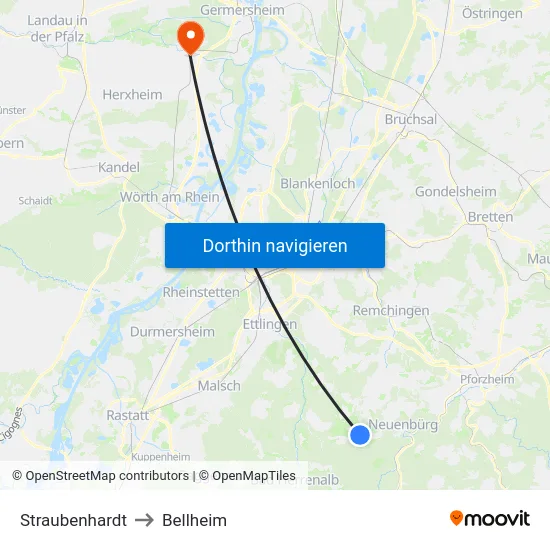 Straubenhardt to Bellheim map