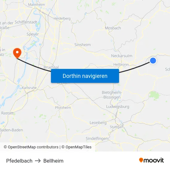 Pfedelbach to Bellheim map