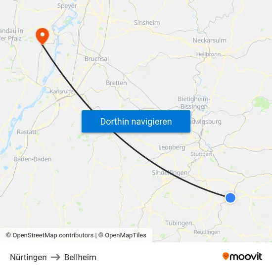 Nürtingen to Bellheim map