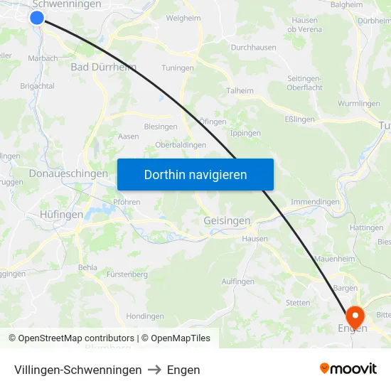 Villingen-Schwenningen to Engen map