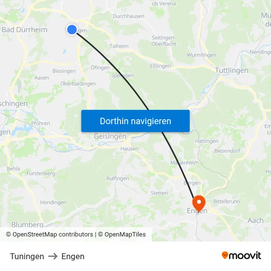 Tuningen to Engen map