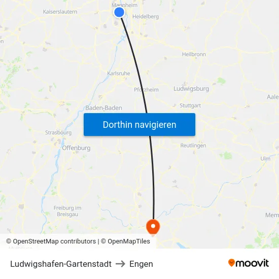 Ludwigshafen-Gartenstadt to Engen map
