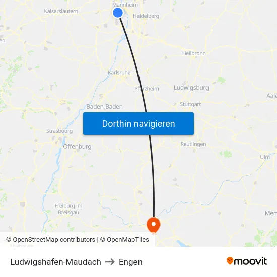 Ludwigshafen-Maudach to Engen map