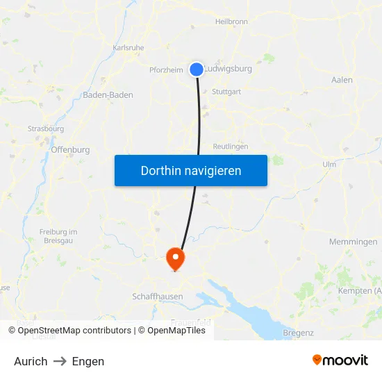 Aurich to Engen map
