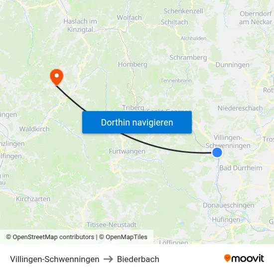 Villingen-Schwenningen to Biederbach map