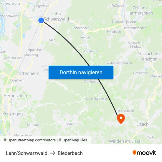 Lahr/Schwarzwald to Biederbach map
