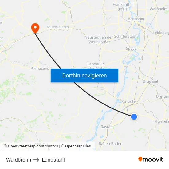 Waldbronn to Landstuhl map