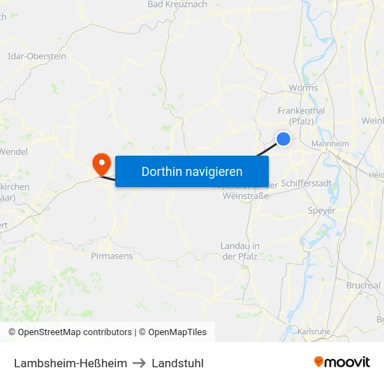 Lambsheim-Heßheim to Landstuhl map