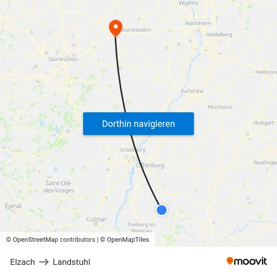 Elzach to Landstuhl map