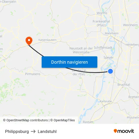 Philippsburg to Landstuhl map