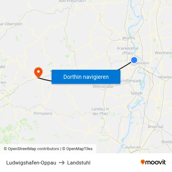 Ludwigshafen-Oppau to Landstuhl map