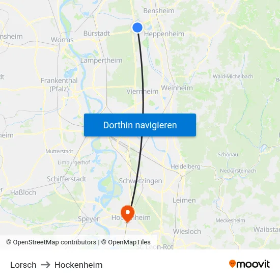 Lorsch to Hockenheim map