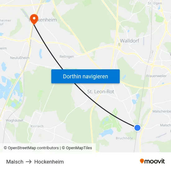 Malsch to Hockenheim map