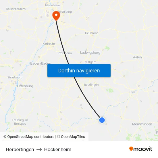 Herbertingen to Hockenheim map