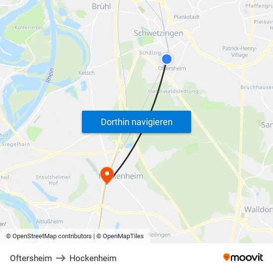 Oftersheim to Hockenheim map