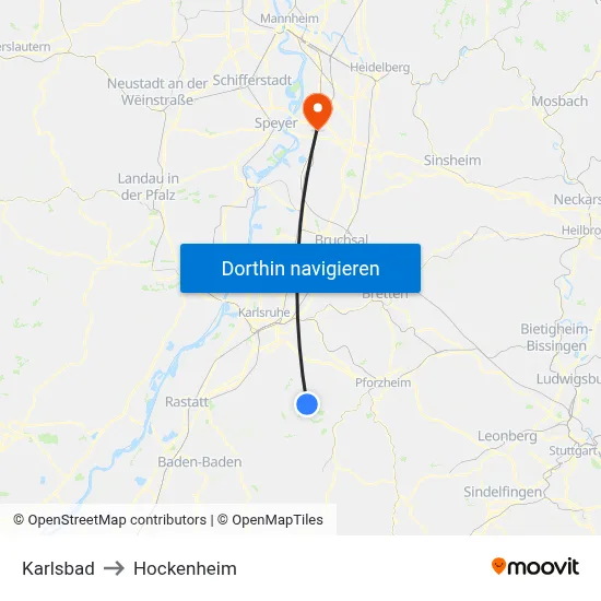Karlsbad to Hockenheim map