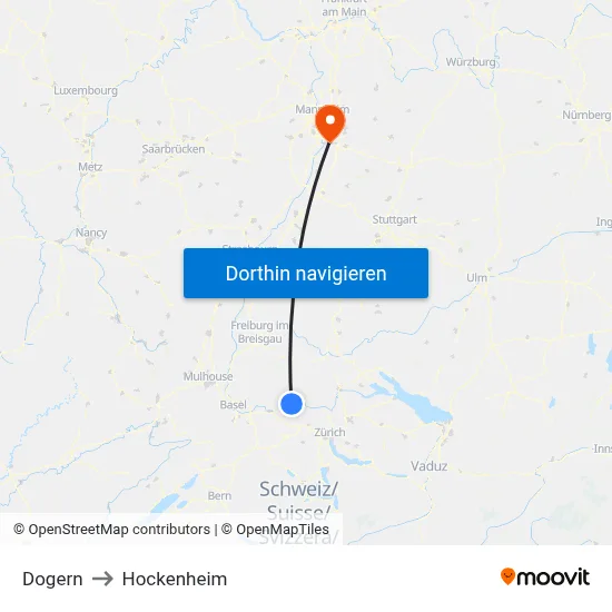 Dogern to Hockenheim map