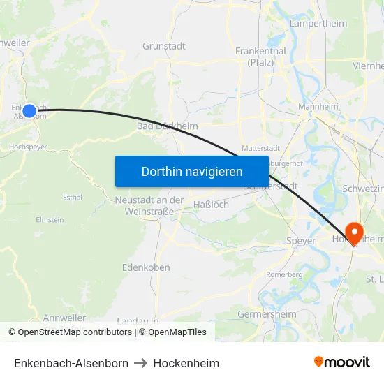 Enkenbach-Alsenborn to Hockenheim map