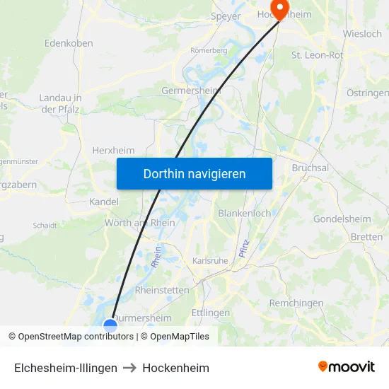 Elchesheim-Illingen to Hockenheim map