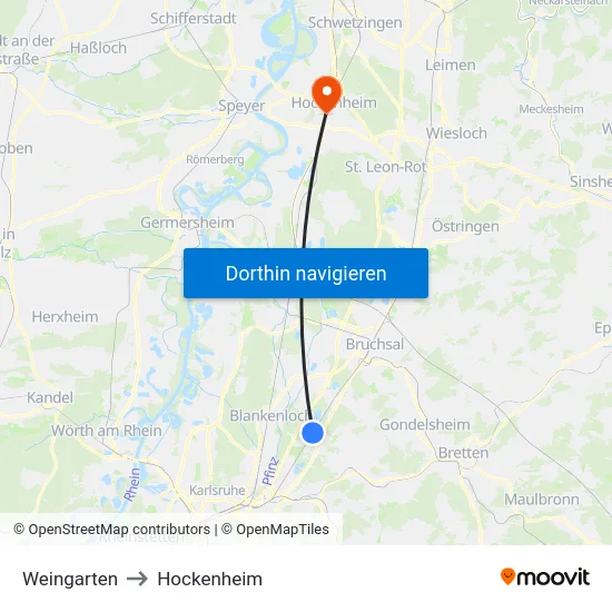 Weingarten to Hockenheim map