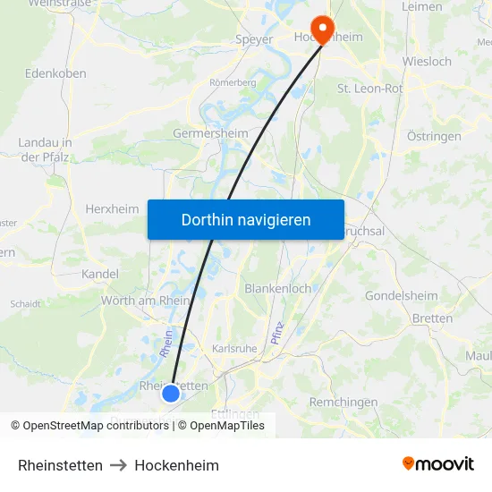 Rheinstetten to Hockenheim map