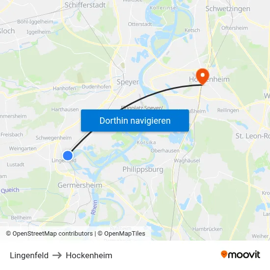 Lingenfeld to Hockenheim map