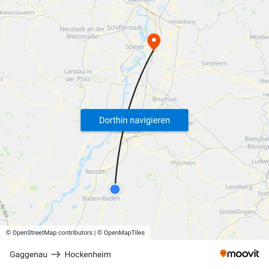 Gaggenau to Hockenheim map
