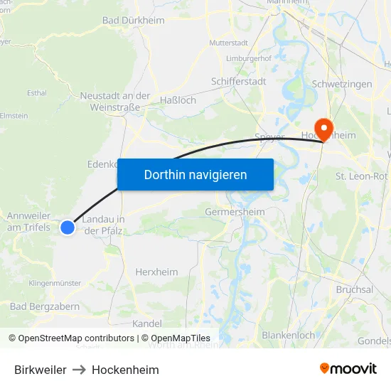 Birkweiler to Hockenheim map