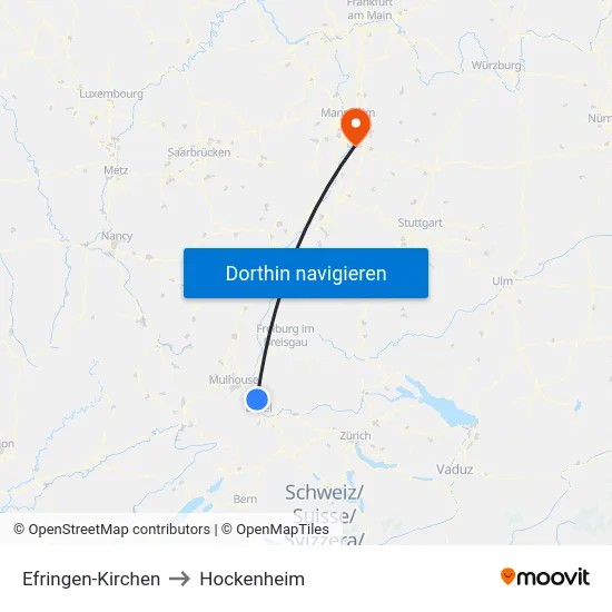 Efringen-Kirchen to Hockenheim map