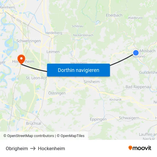 Obrigheim to Hockenheim map