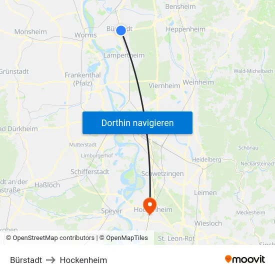 Bürstadt to Hockenheim map