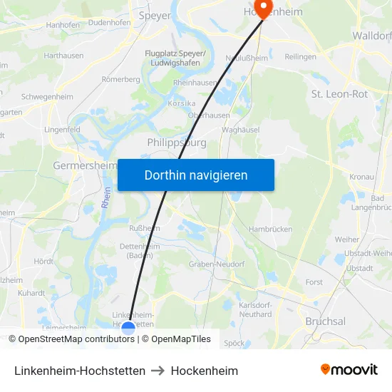 Linkenheim-Hochstetten to Hockenheim map