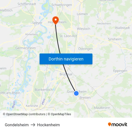 Gondelsheim to Hockenheim map
